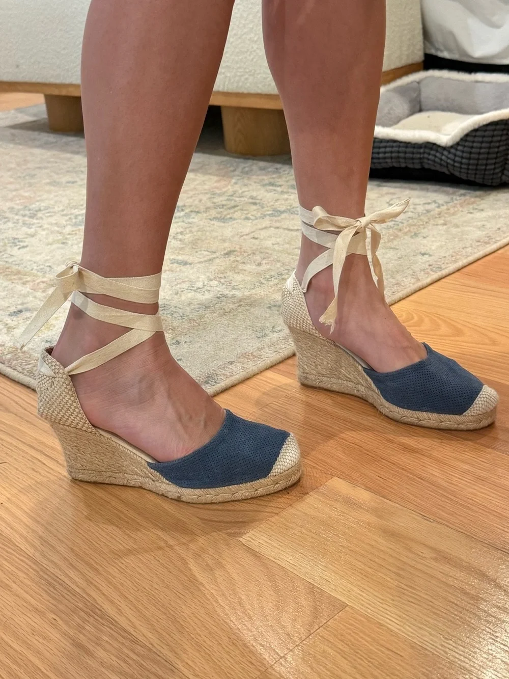 Jeffrey Campbell Adorra Espadrille Wedge in blue punched suede w Cream Ankle Tie